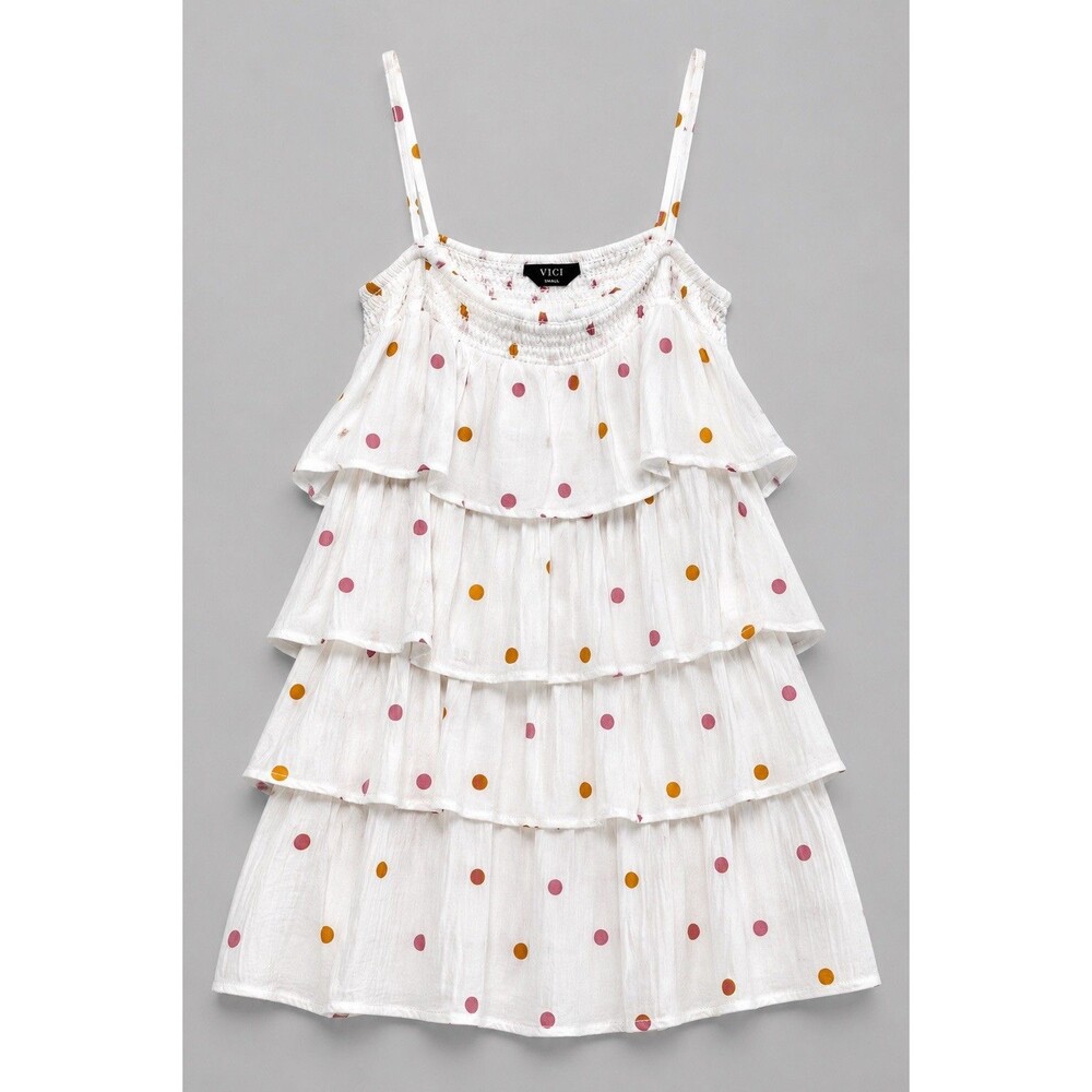 VICI Dress Women's Small White Polka Dot Tiered Ruffle Linen Sundress Summer